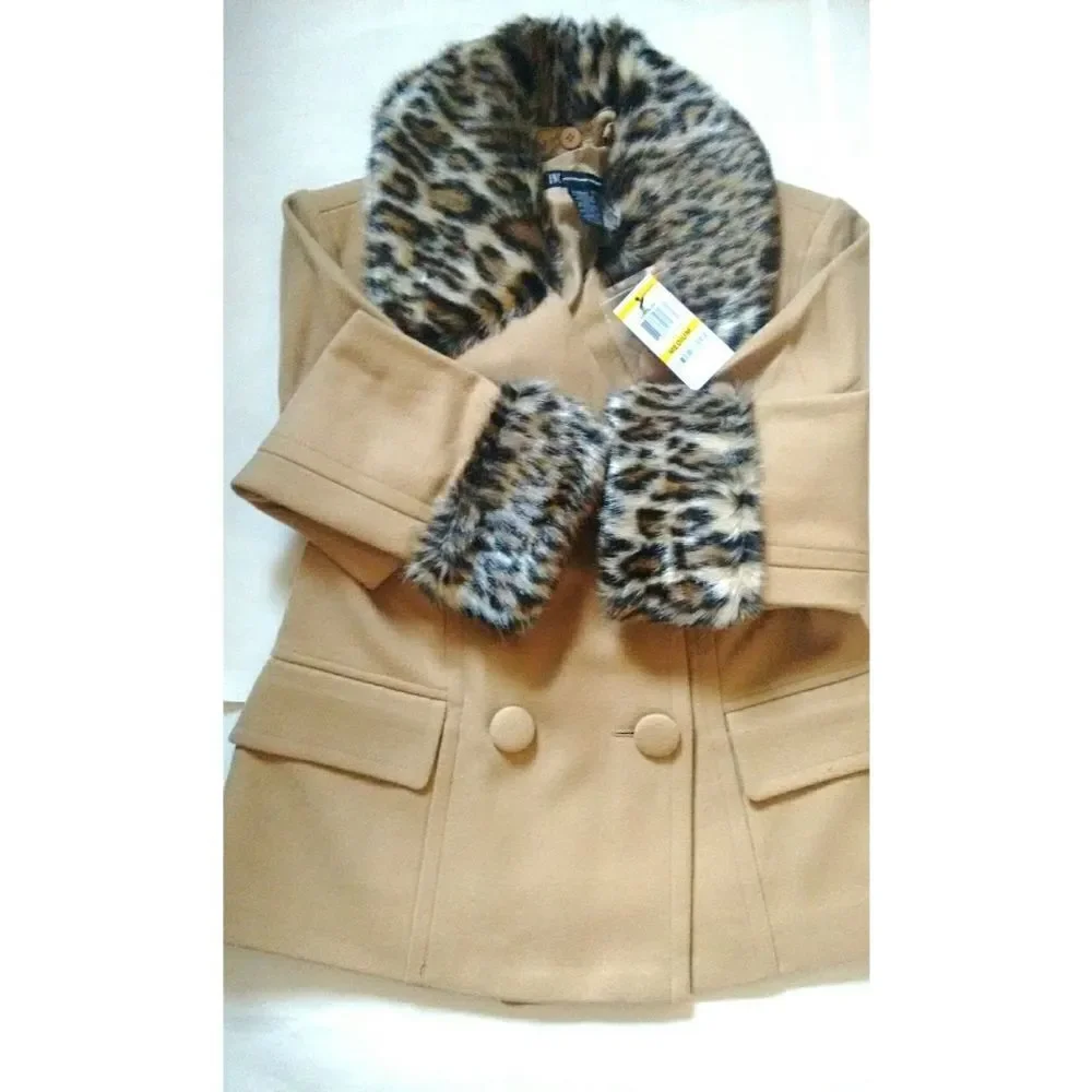 New! INC Women's Wool-Blend Pea Coat Removable Faux Fur Collar Size Medium Camel